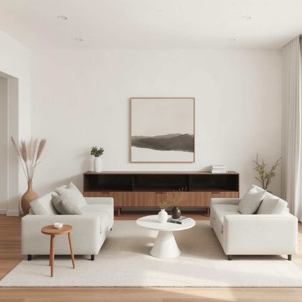 Neutral living room with simple wall art and clean decor elements