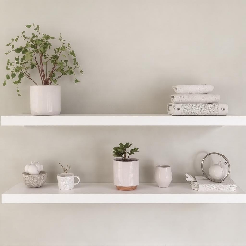 Floating white shelves with minimalist decor items for clean wall decor.