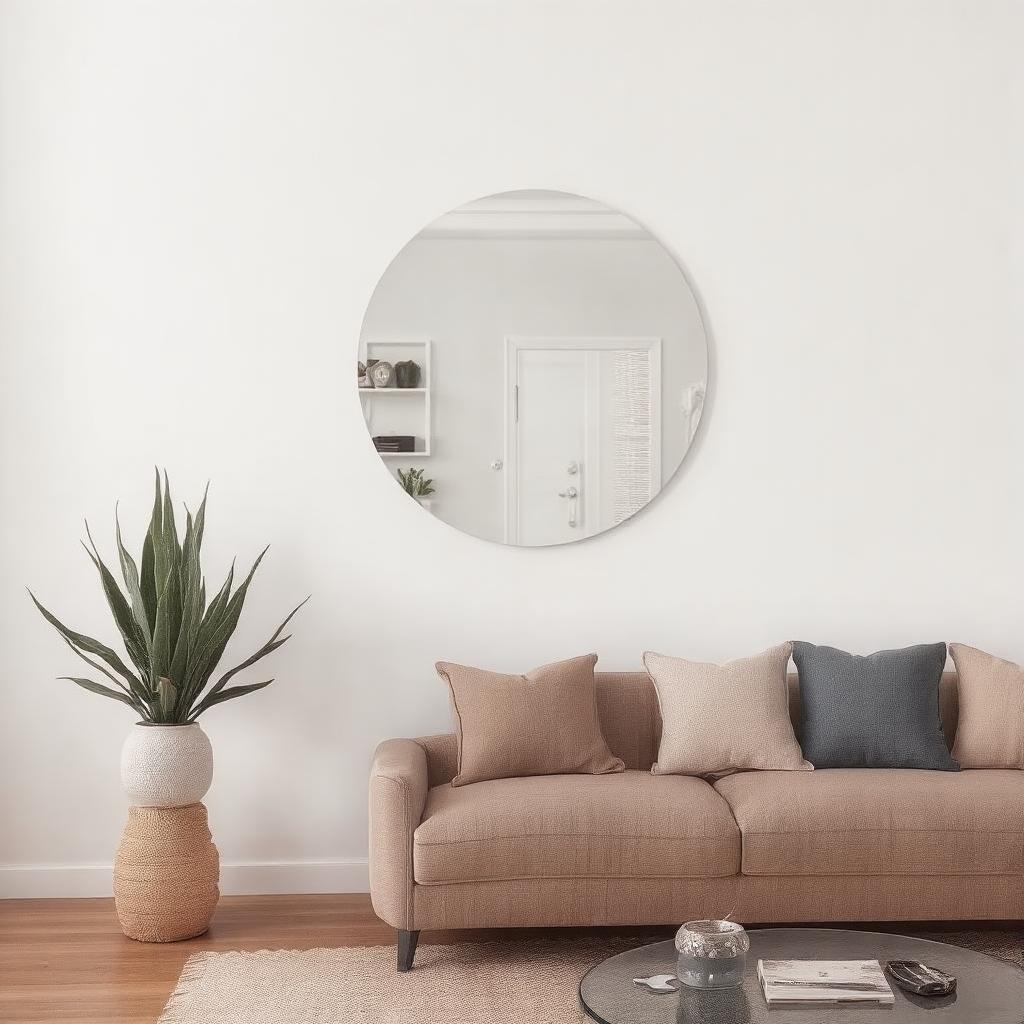 Frameless round mirror on a clean neutral wall in a minimalist living room