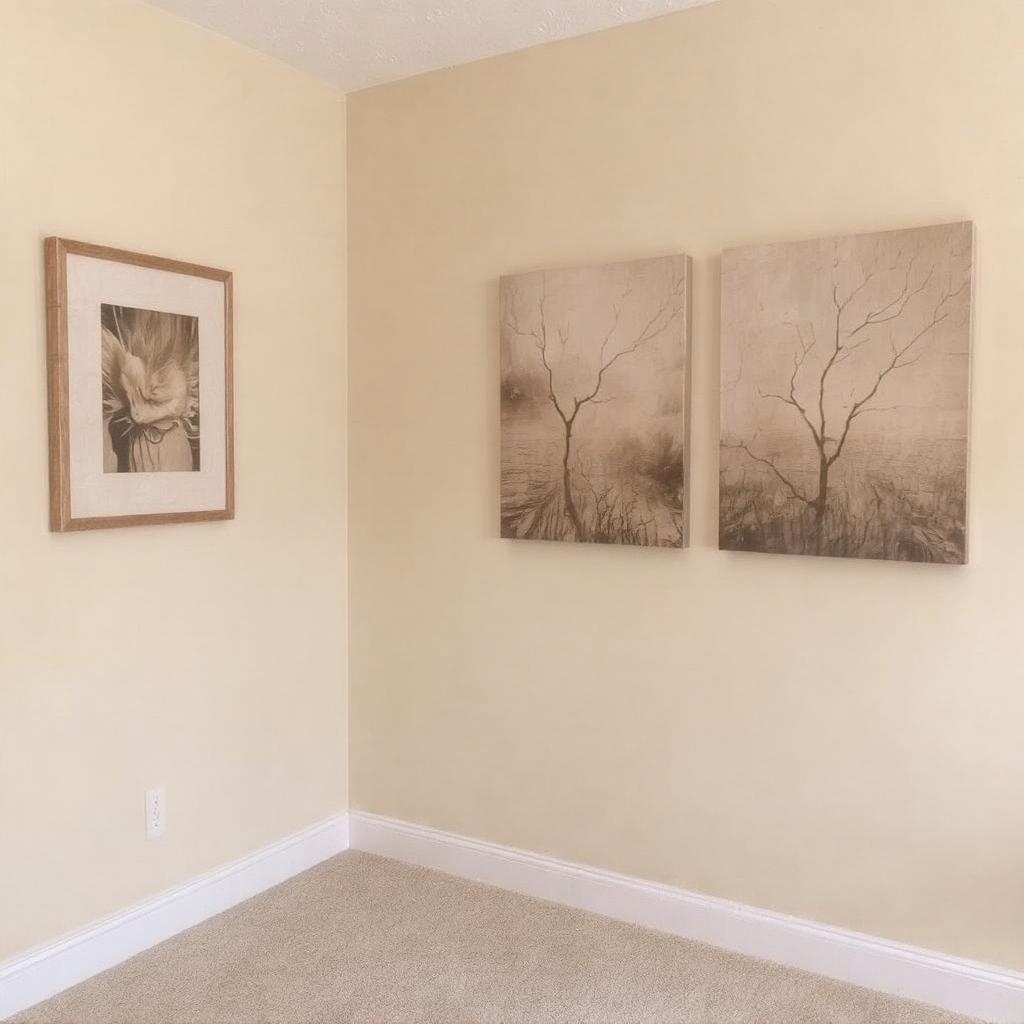 A room with clean beige walls and matching neutral-toned wall art.