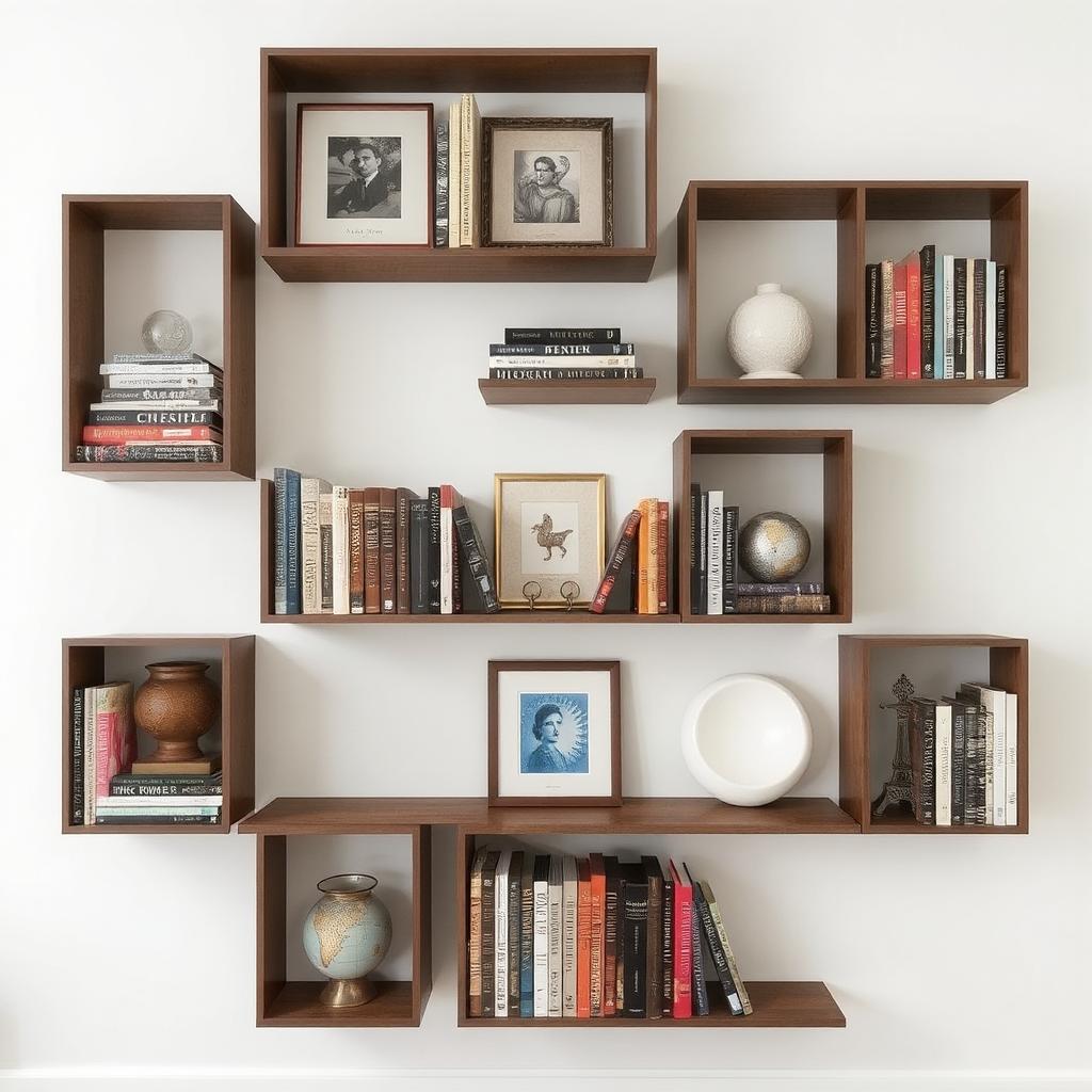 A set of floating wall-mounted bookshelves showcasing a collection of books and decorative pieces.