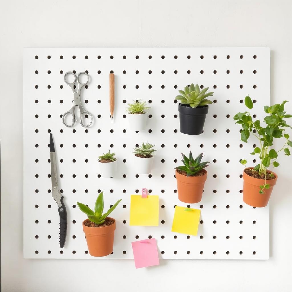  white pegboard in a home office displaying small potted plants, scissors, and colorful sticky notes