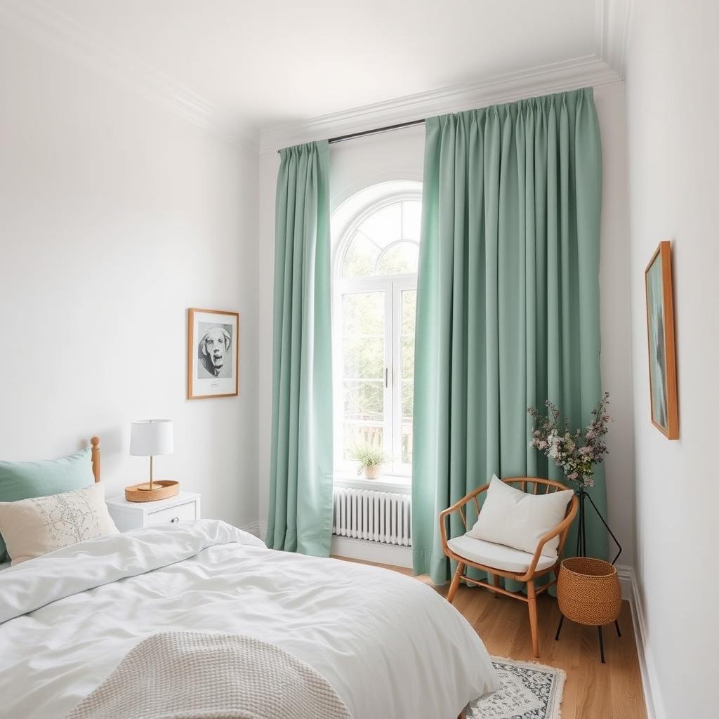 Bedroom with White Wall and mint green curtains