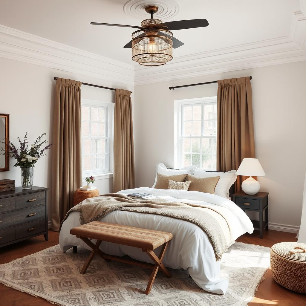 bedroom with white wall and taupe curtains
