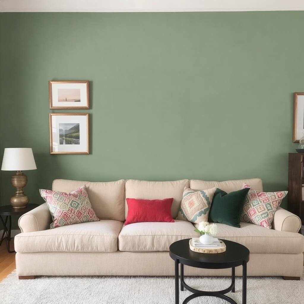 A cozy living room with a sage green accent wall and colorful throw pillows on a beige couch.