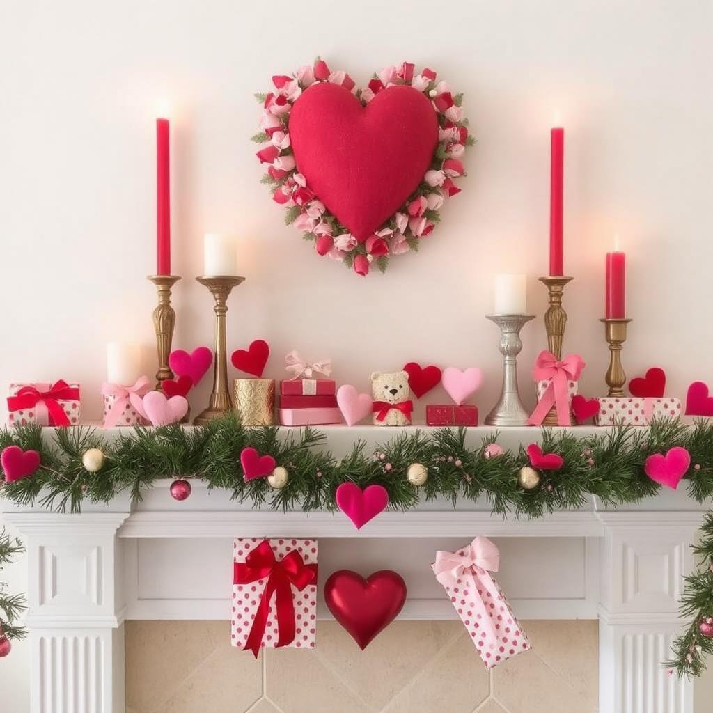 Valentine’s Day mantel with candles, garlands, and wrapped gifts."