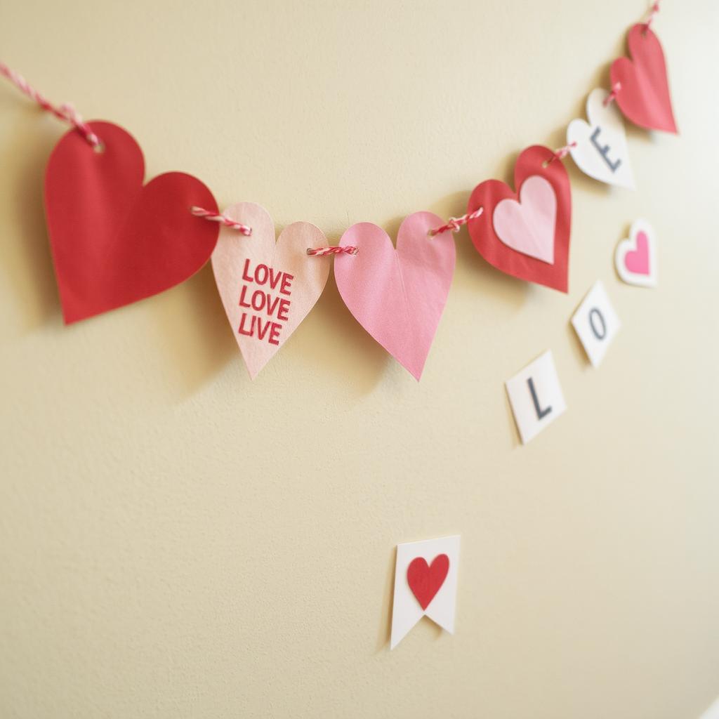 A close-up of a heart-shaped garland hanging in a window for Kids-Friendly Valentine’s Day Decor Ideas