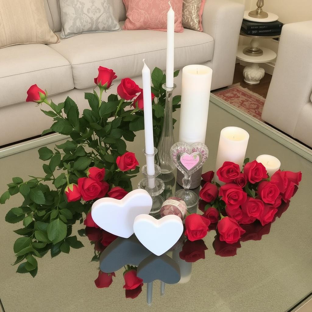 A coffee table styled with fresh roses, candles, and heart-shaped figurines valentine day living room decor