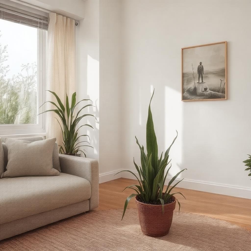 A cozy indoor living room with various houseplants like Snake Plant, Peace Lily, and Spider Plant placed around, with natural sunlight streaming in.