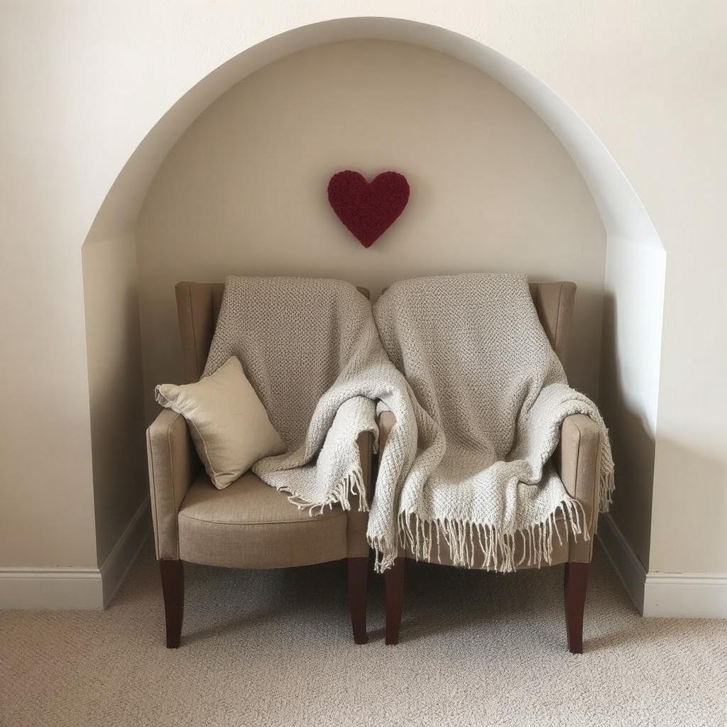 A cozy love nook with two chairs, a shared blanket, and soft lighting.