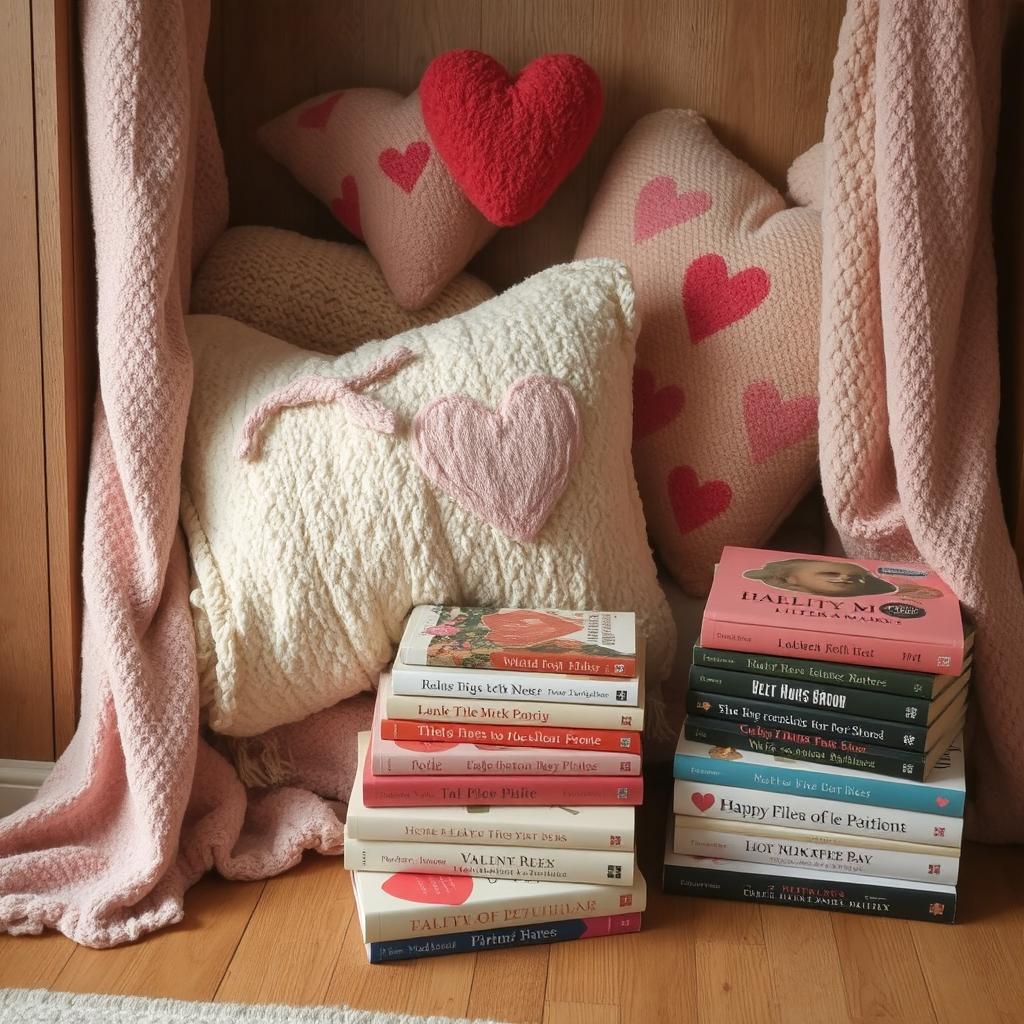 A cozy nook with blankets, pillows, and a stack of Valentine-themed books.