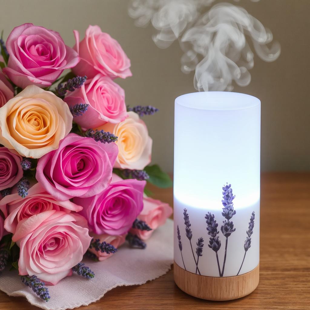 A diffuser emitting lavender mist next to a bouquet of roses