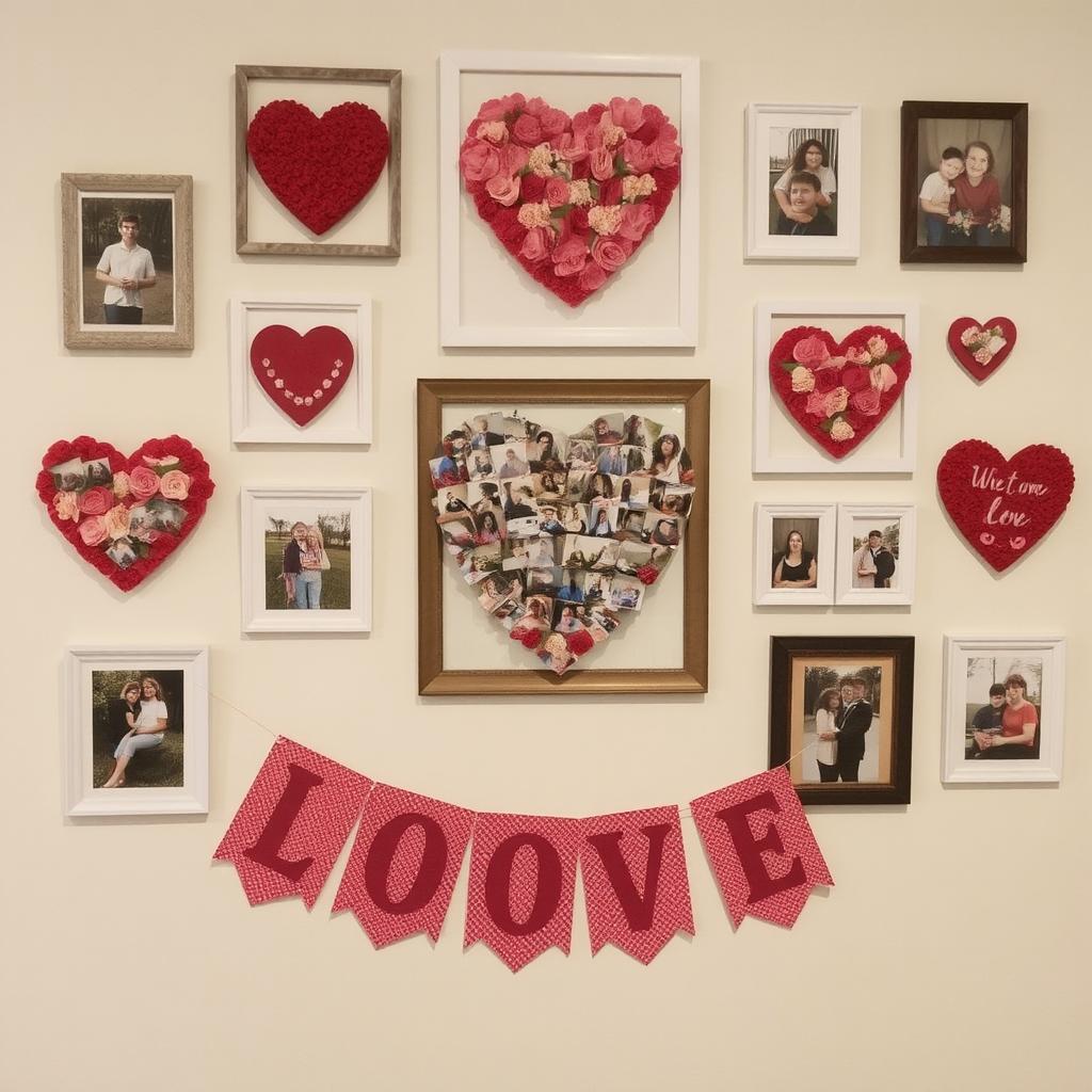 A gallery wall featuring heart-shaped photo arrangements and a “Love” banner.