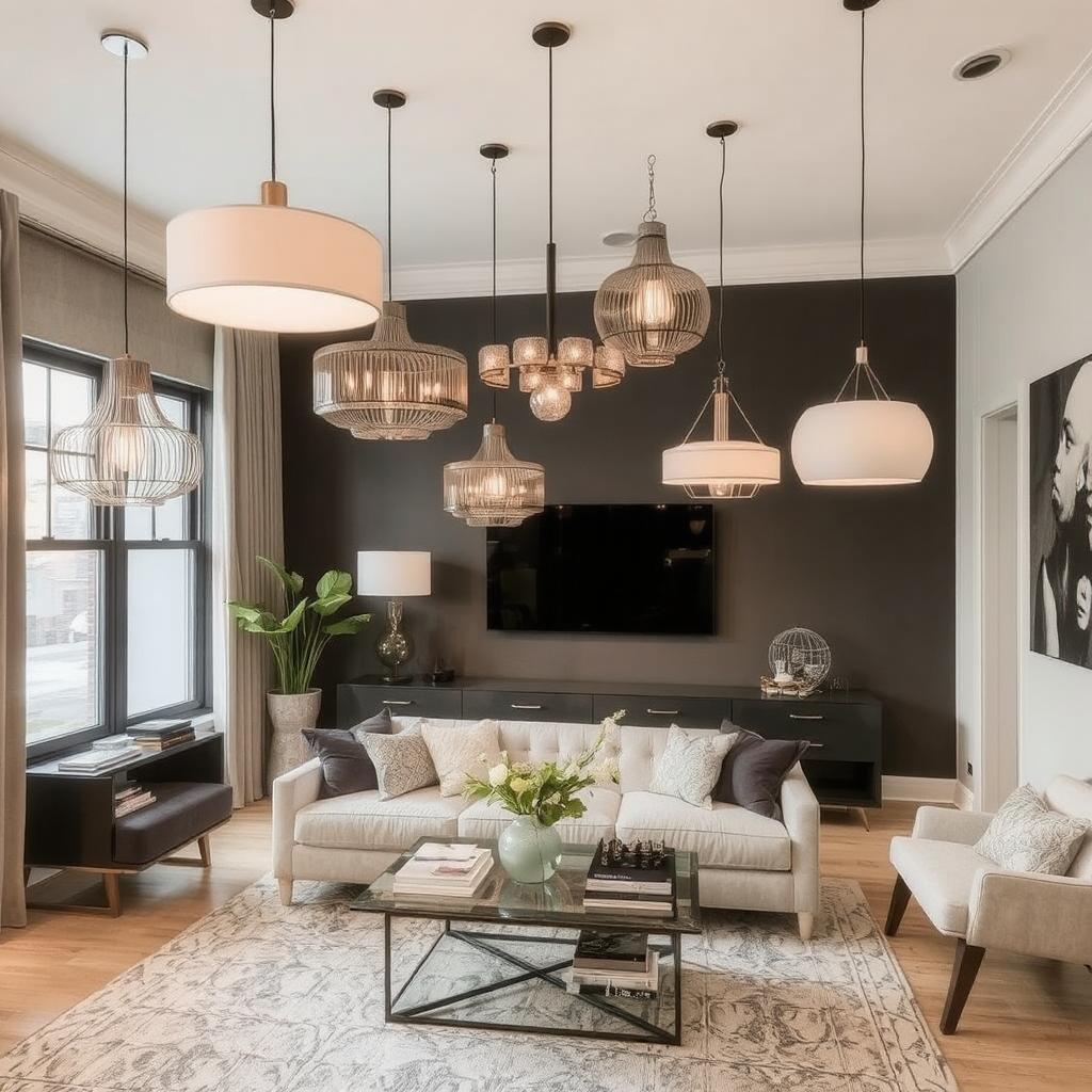 A living room showcasing multiple statement light fixtures.