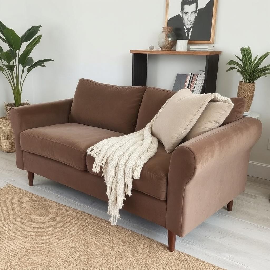 A living room with a velvet sofa, a knitted throw, and a jute area rug.