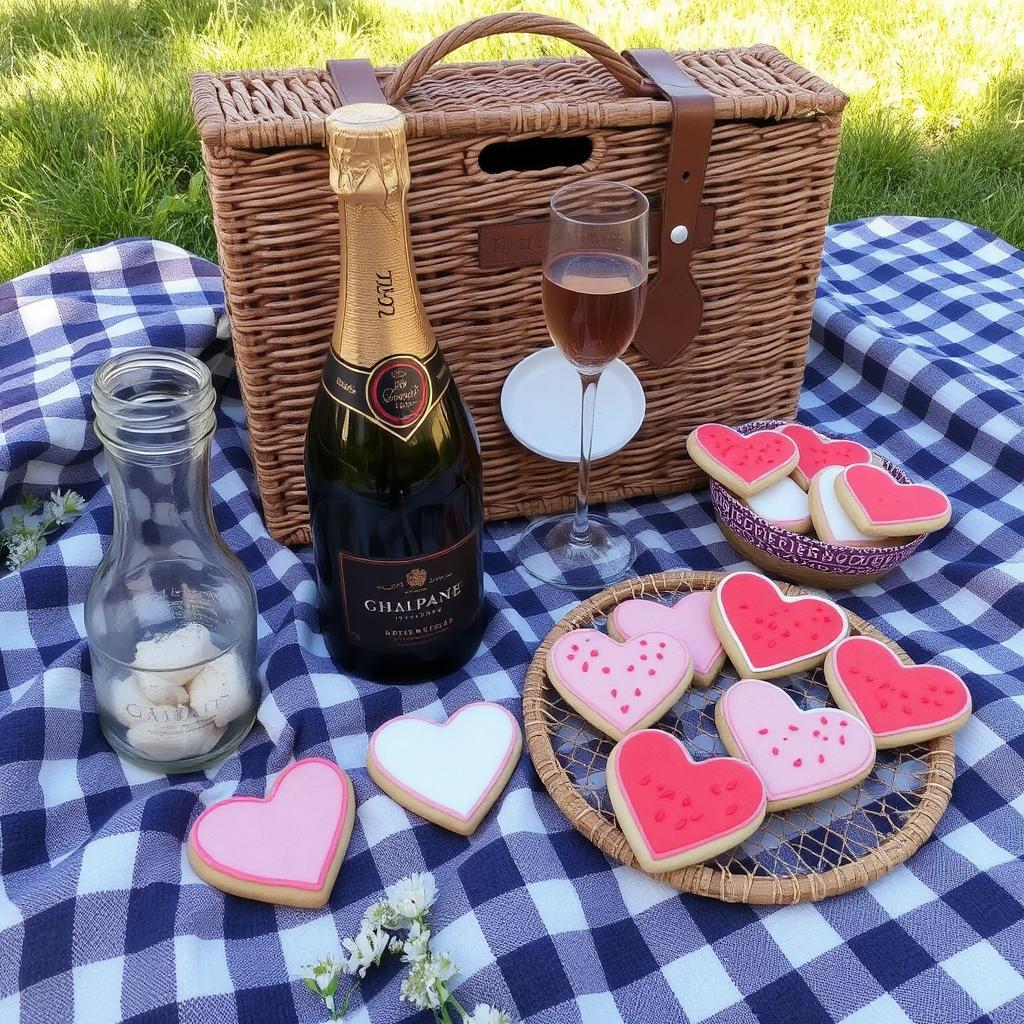 A picnic setup with heart-shaped cookies and a bottle of champagne.