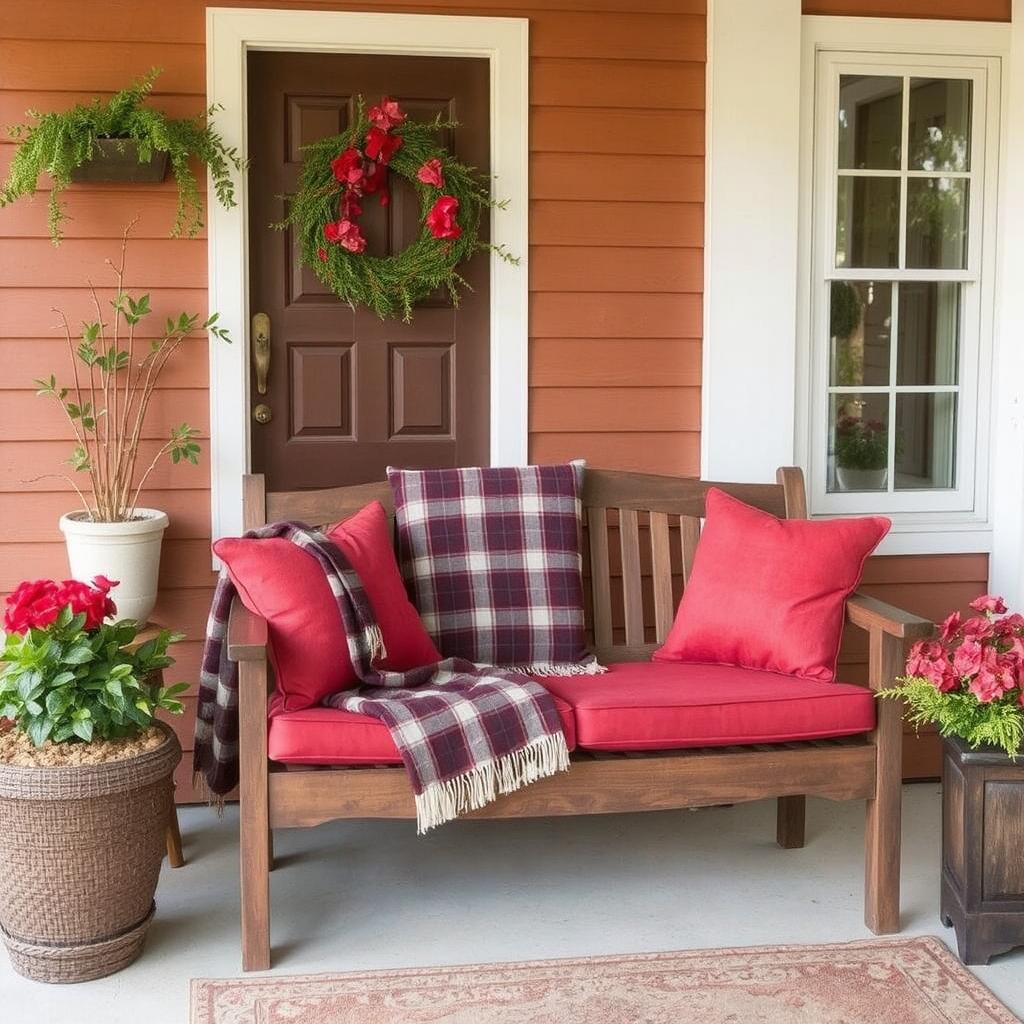 A porch setup with a loveseat, red cushions, and a plaid throw blanket.