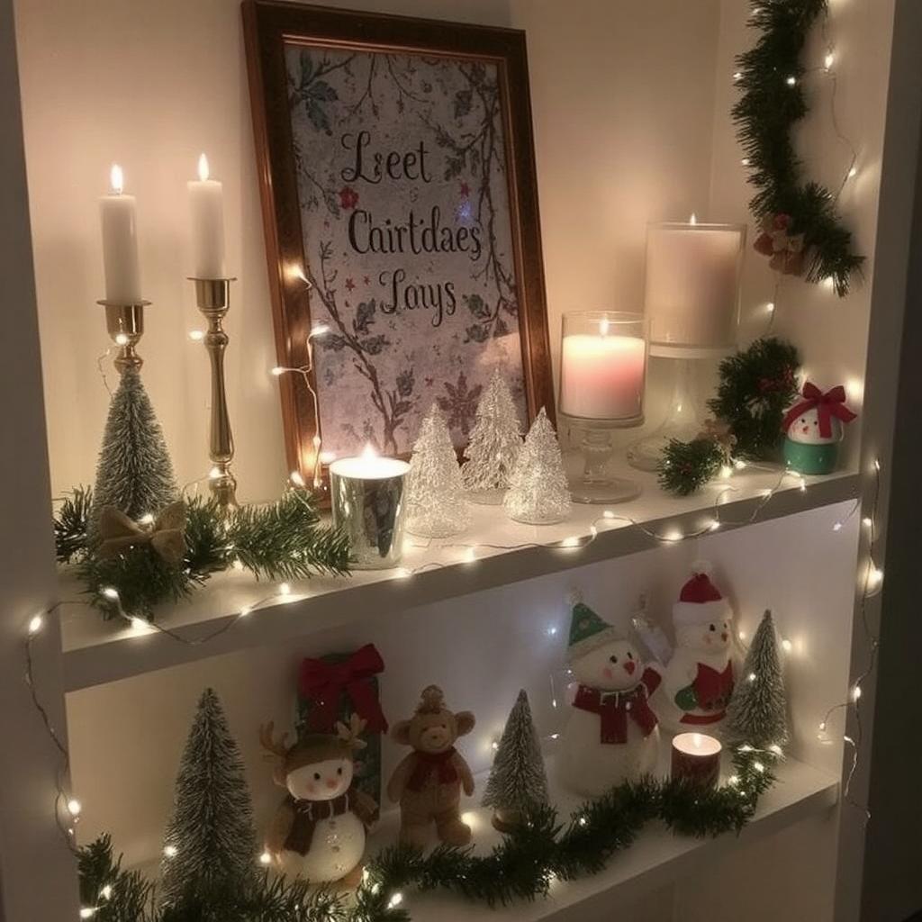 A shelf decorated with fairy lights, candles, and holiday figurines.