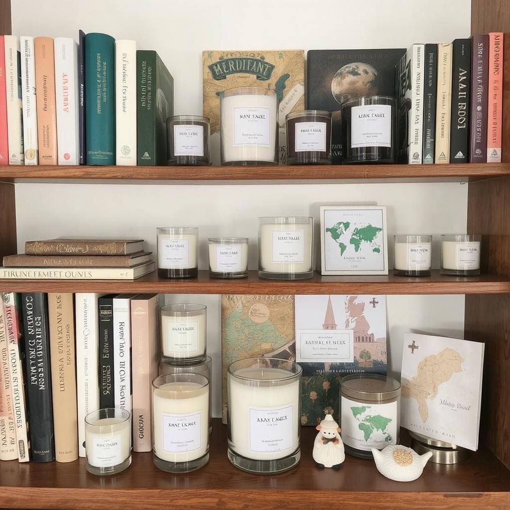 A shelf with books, candles, and travel souvenirs displayed tastefully