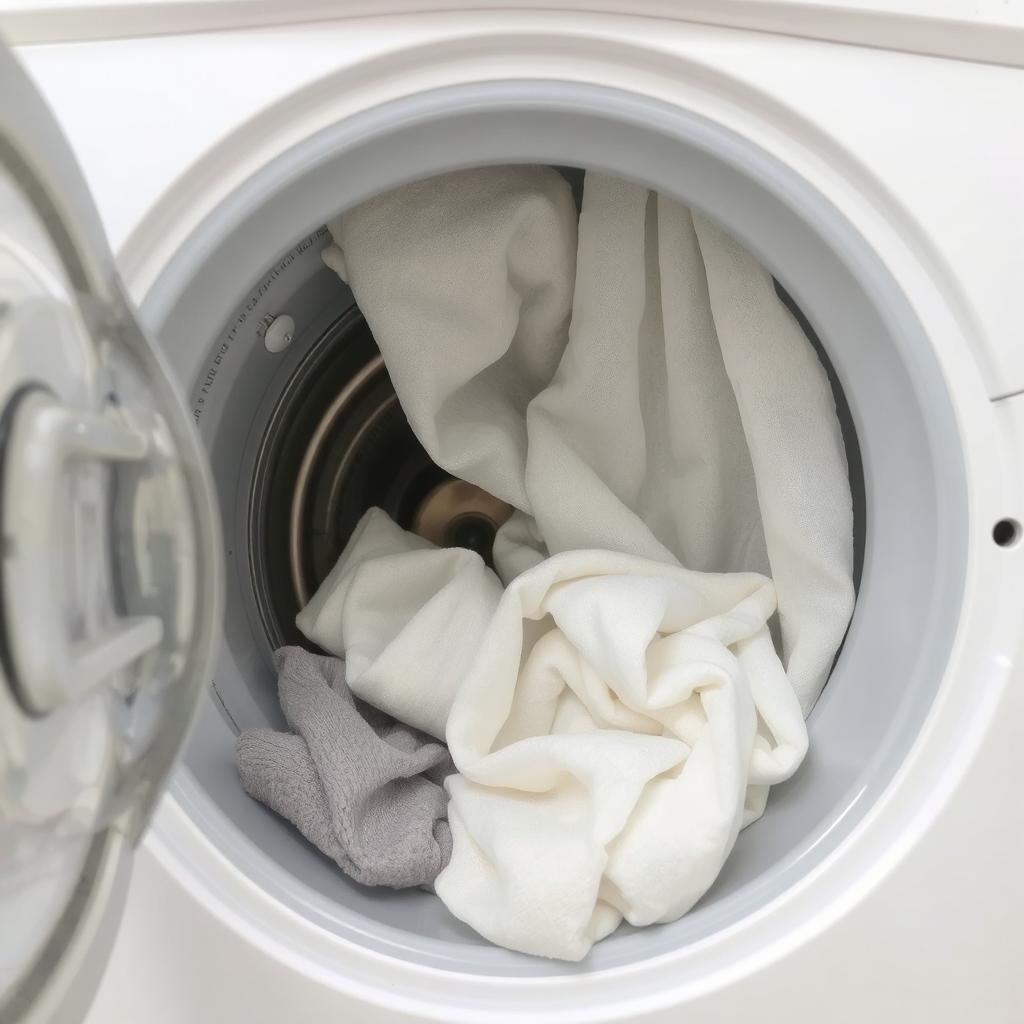 A shot of a washing machine with microfiber and polyester curtains being washed.