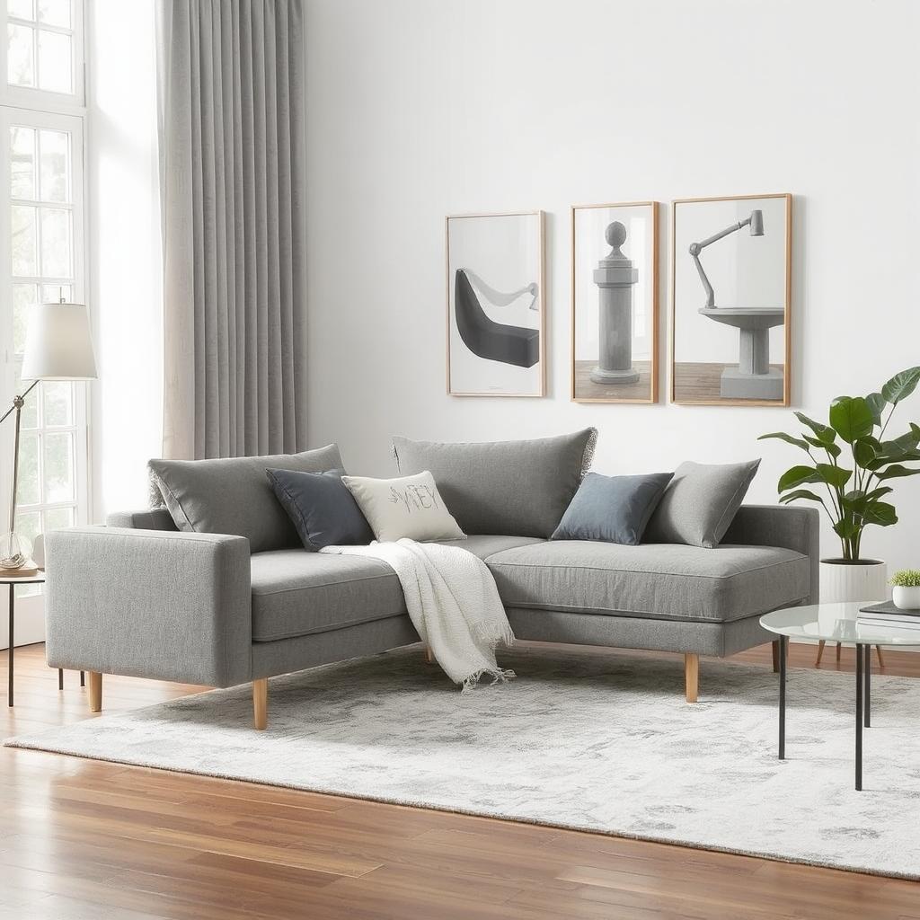 A stylish gray sofa bed in a modern living room.