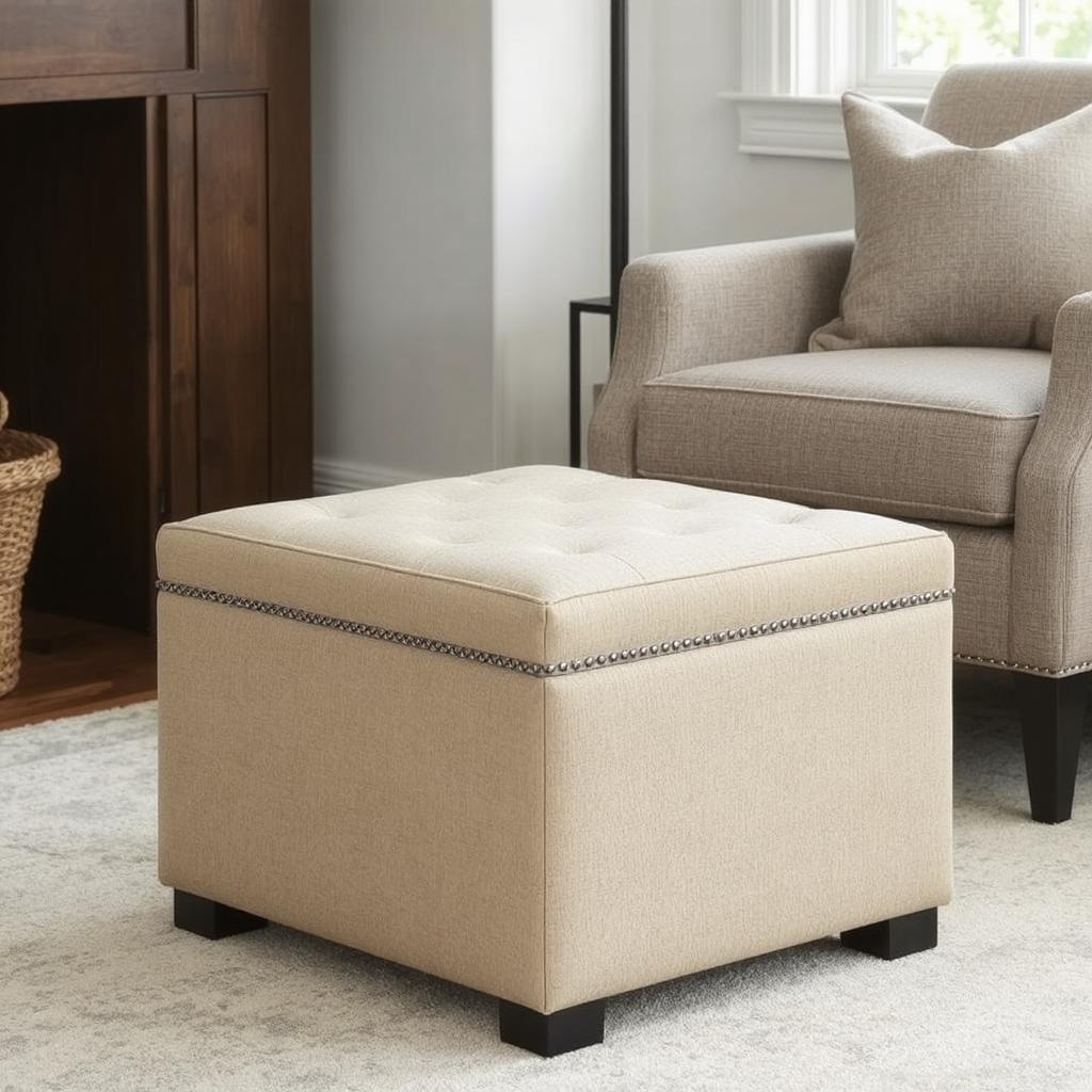 A stylish ottoman with storage space next to a cozy armchair.