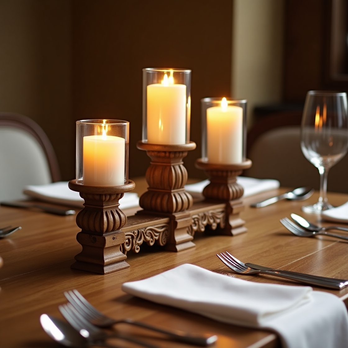 A_beautifully_crafted_wooden_candle_holder for small dining table