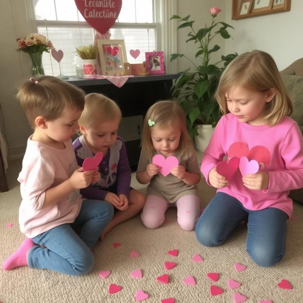 “Children participating in a Valentine’s Day treasure hunt at home.”