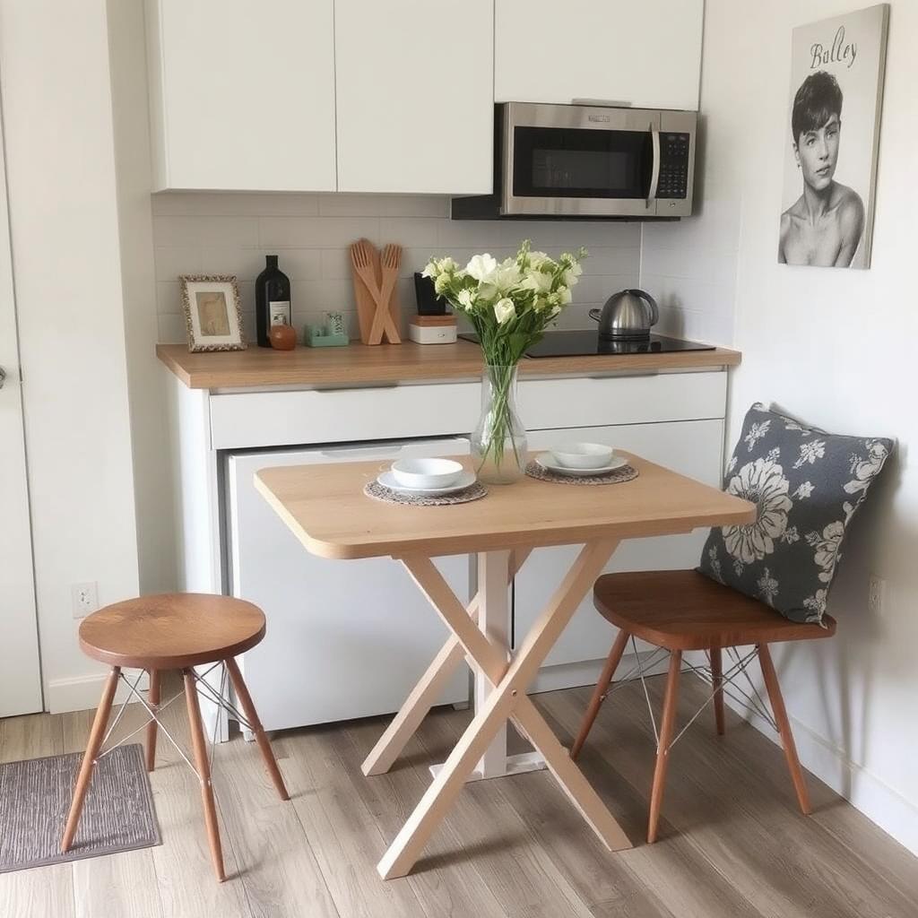 Compact dining table with foldable sides in a small kitchen.