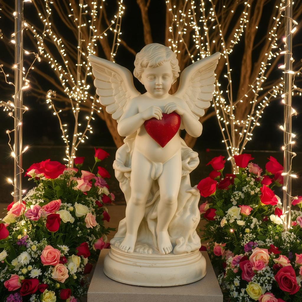 Cupid statue surrounded by flowers and lights valentines day party decor ideas 1