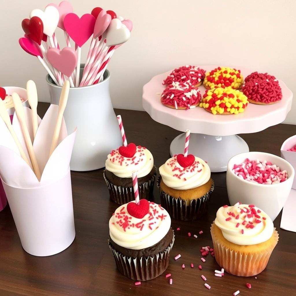 “DIY dessert station with cupcakes and colorful toppings for Valentine’s Day.” 