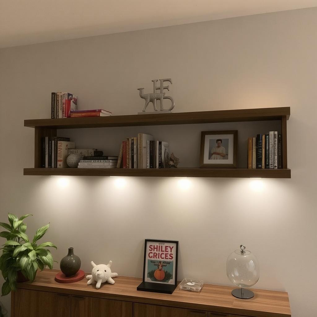 Floating shelves with LED lights highlighting books and decor.