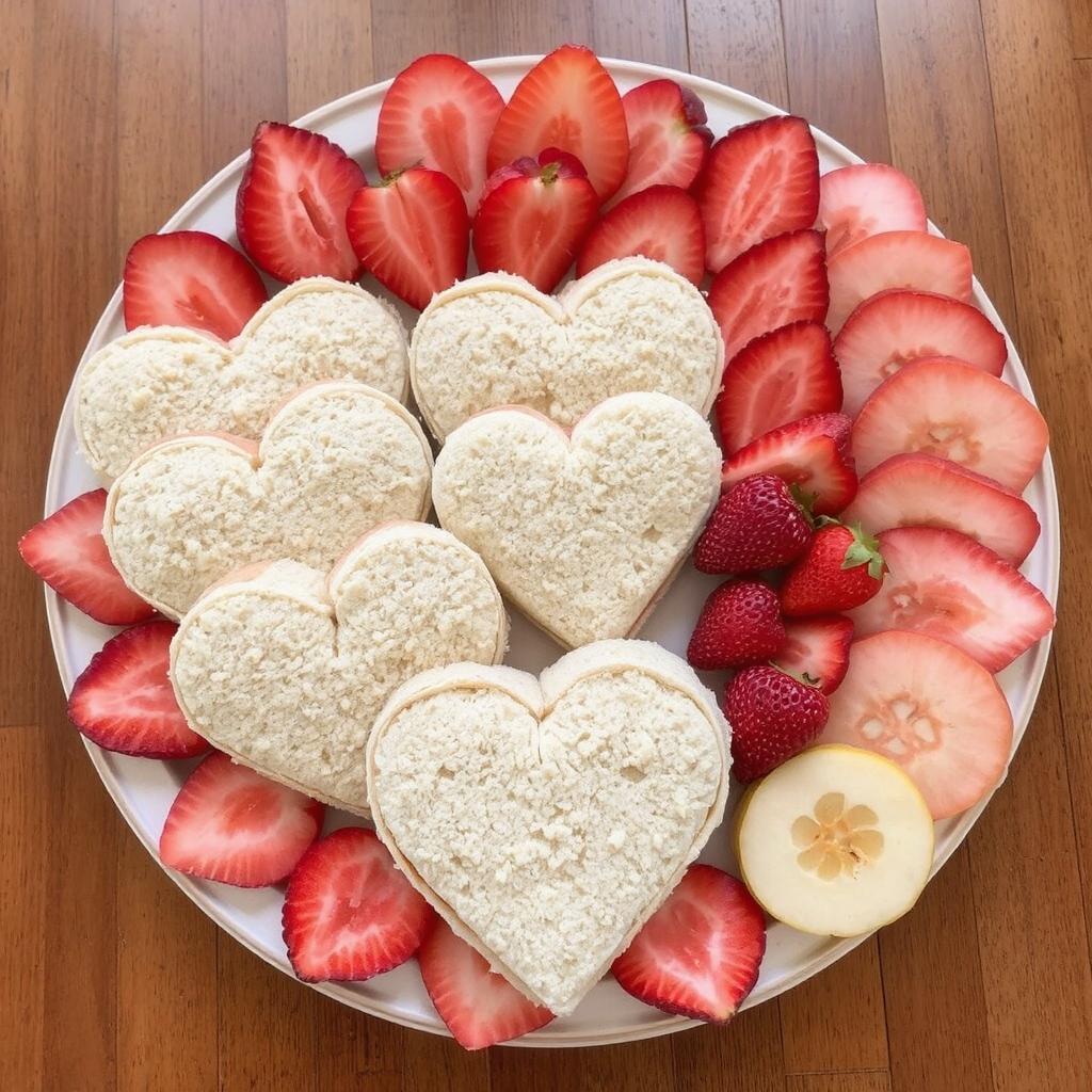 “Heart-shaped sandwiches and fruit slices on a platter for Valentine’s Day.” 