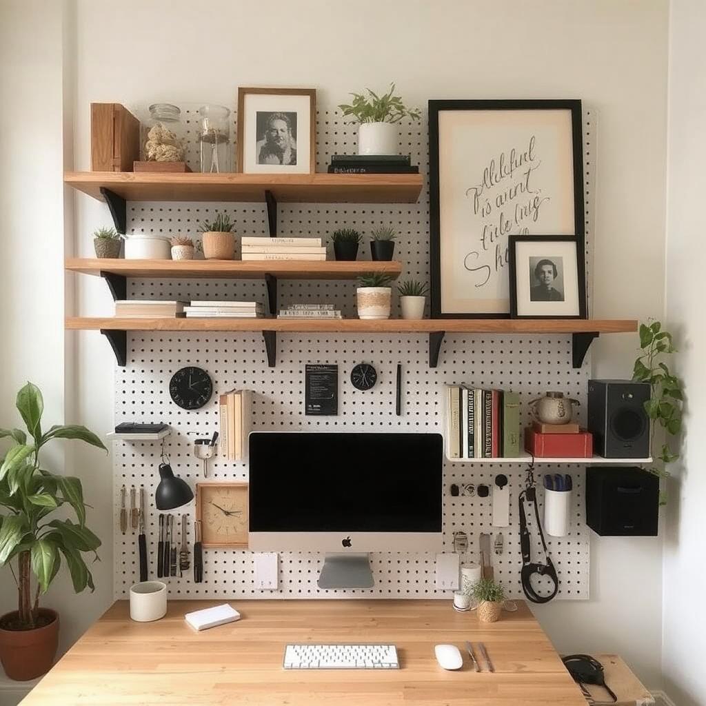 Home office wall with floating shelves and pegboard.