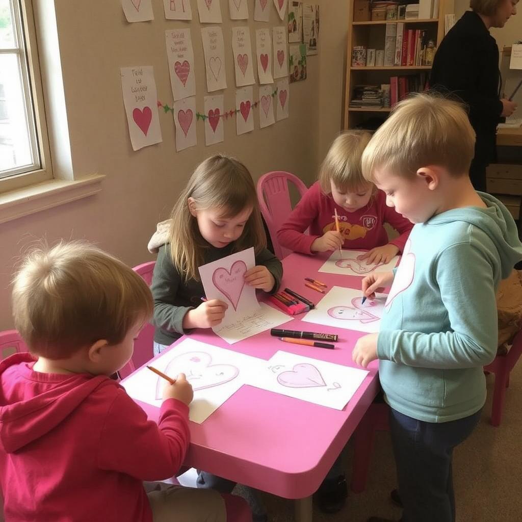 “Kids coloring Valentine’s Day-themed designs at a craft station.”