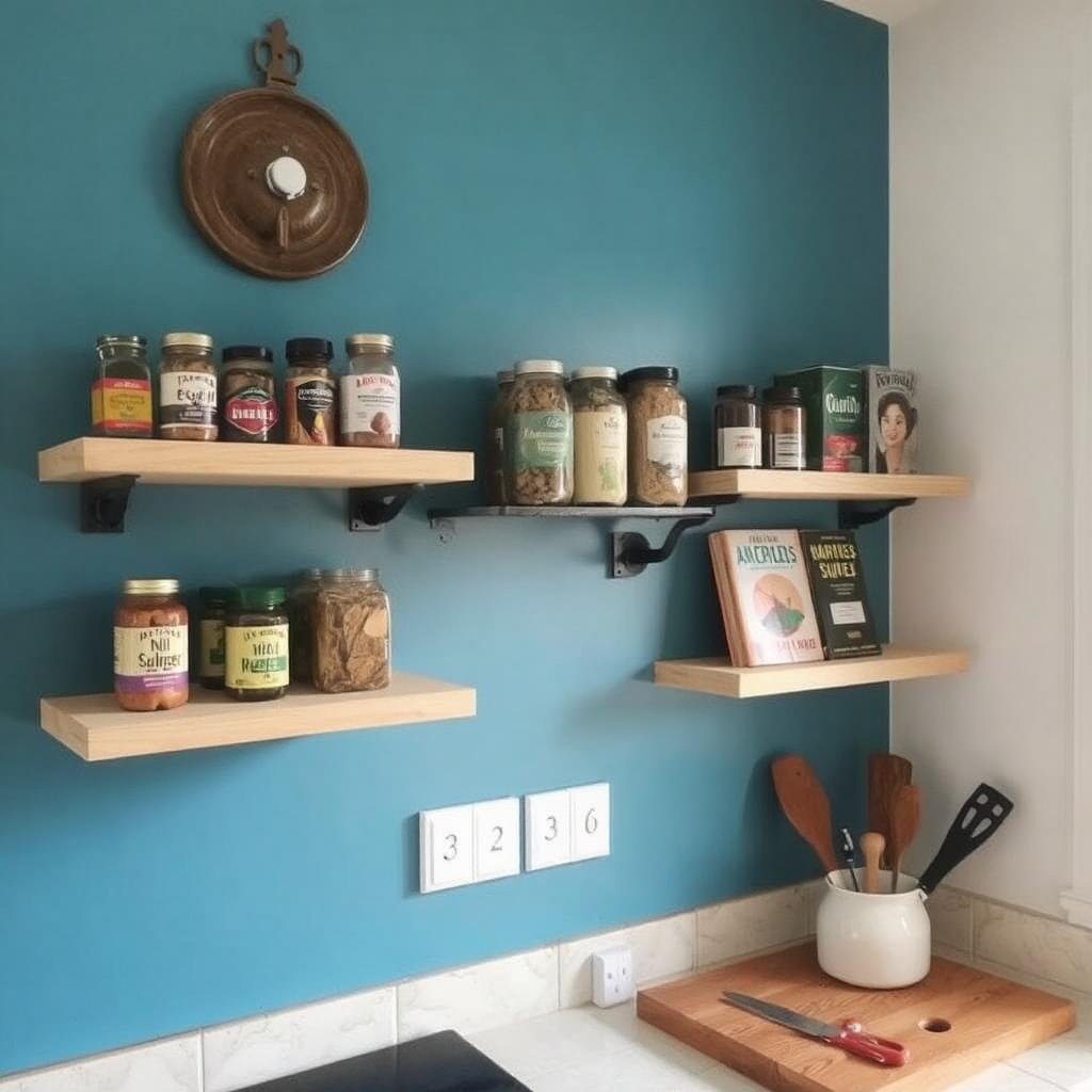 Kitchen wall with floating shelves holding spices and cookbooks.