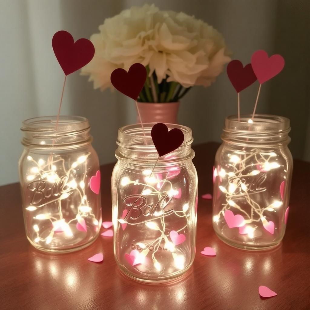 “Mason jars with fairy lights and heart decorations for Valentine’s Day.”