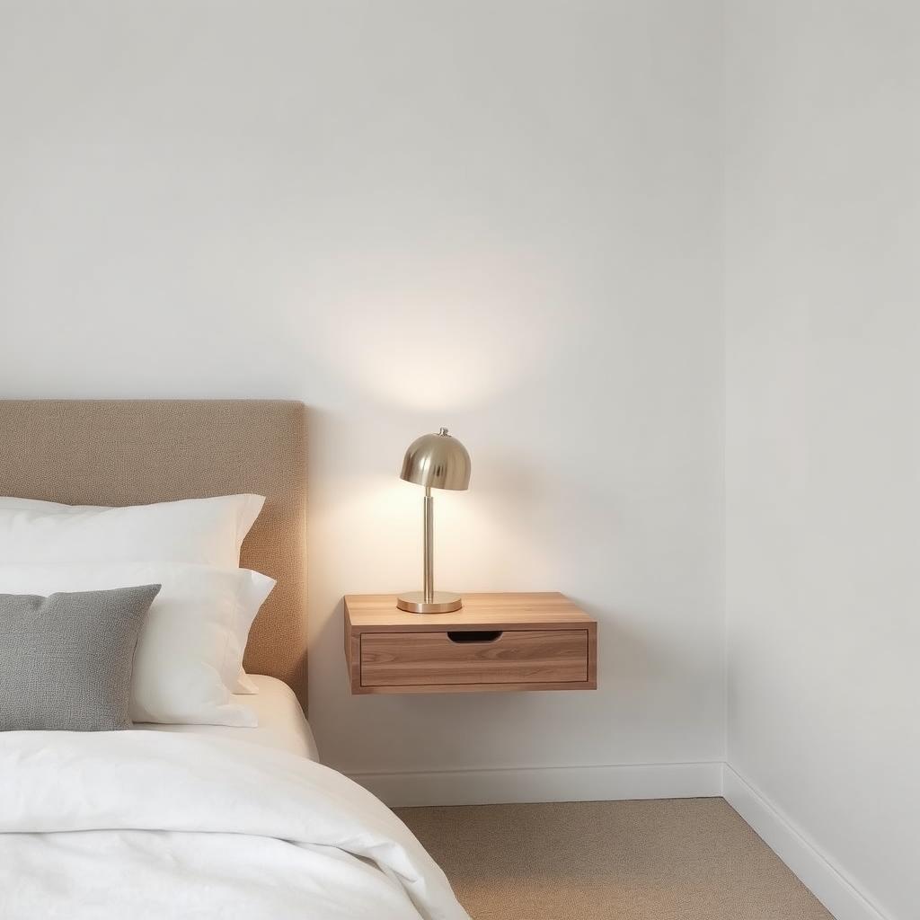 Minimalist bedroom with floating bedside table and lamp.
