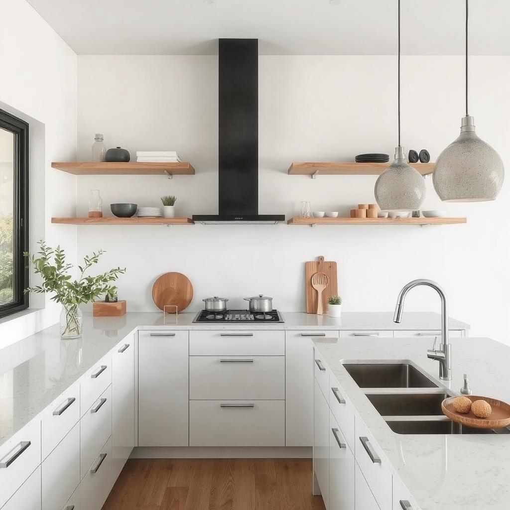 Modern kitchen with floating shelves and minimalist decor