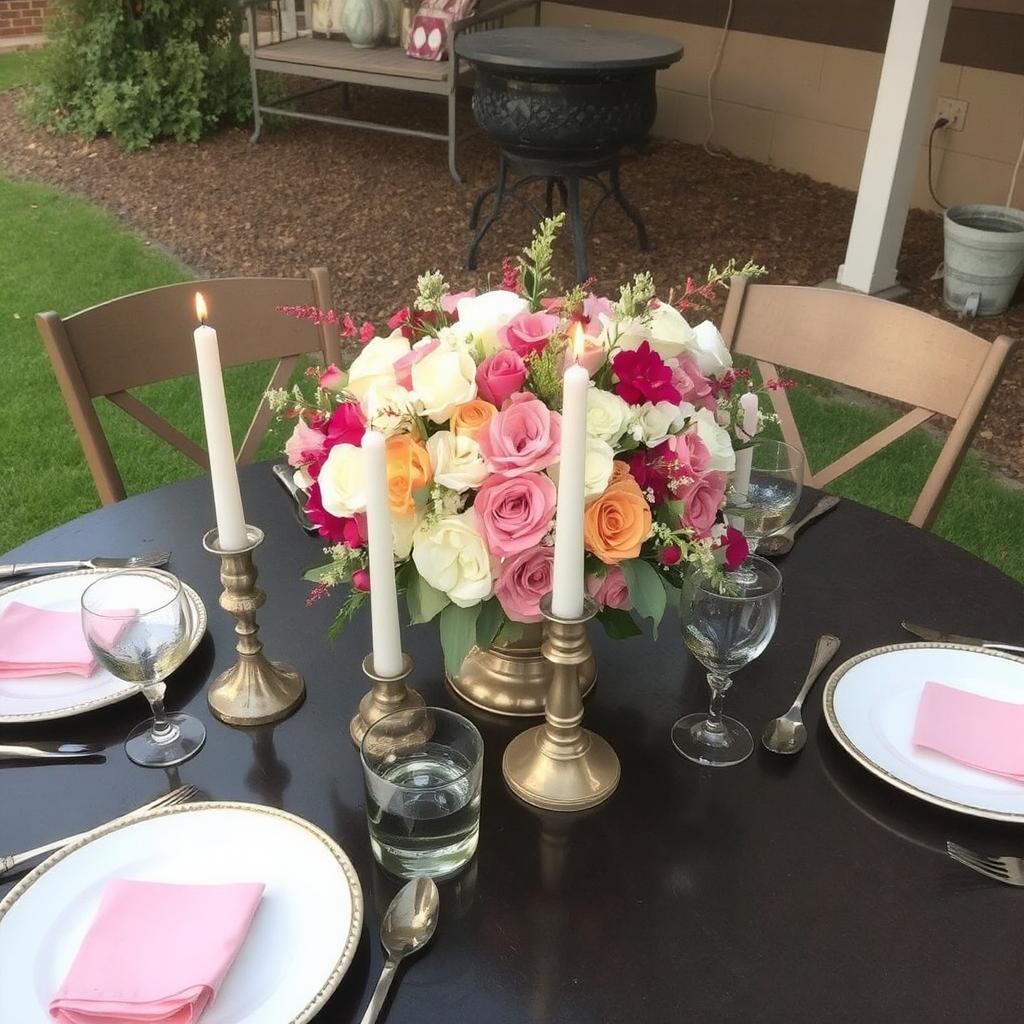 Outdoor table with a floral centerpiece, candles, and themed tableware.