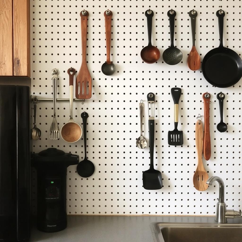 Pegboard wall with hanging utensils in a modern kitchen.