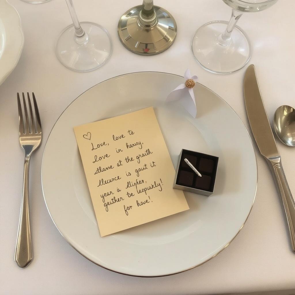 Place setting with a handwritten love note and a small chocolate box