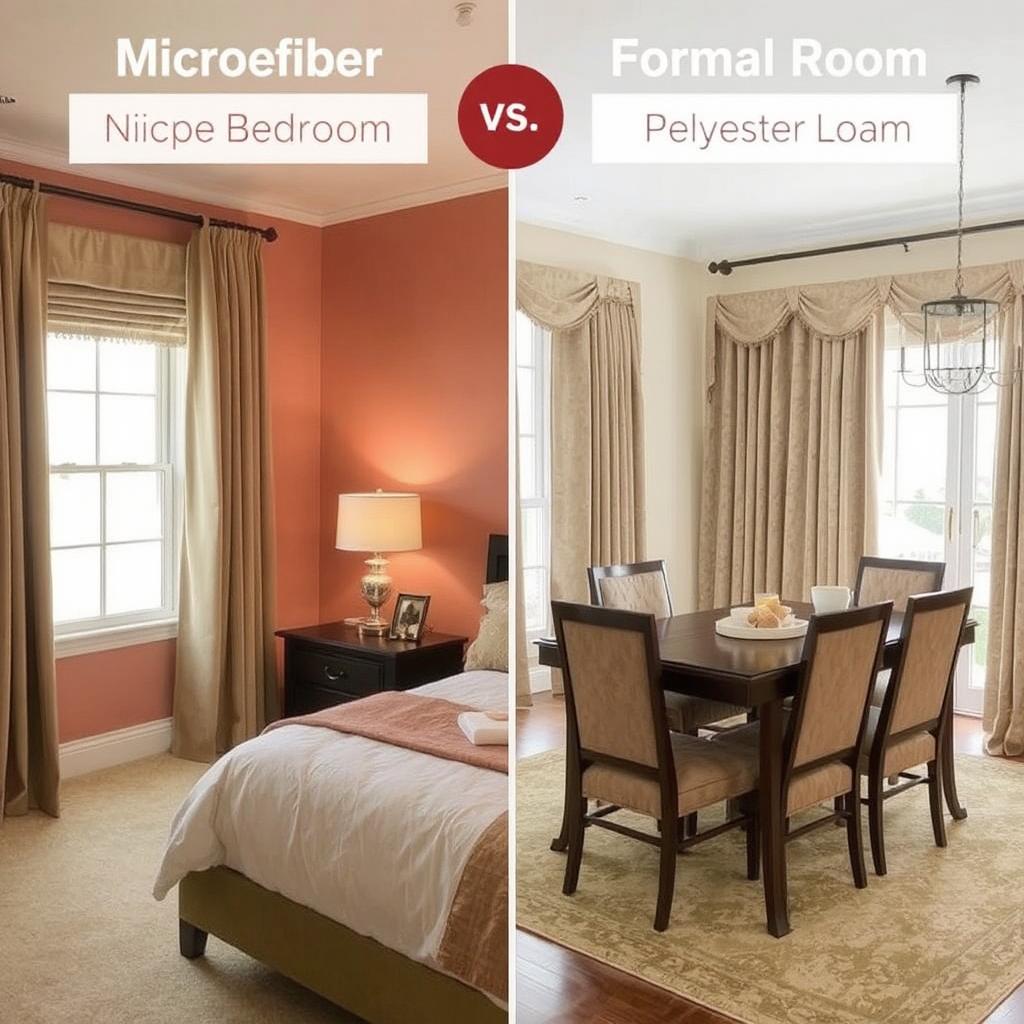 Show a cozy bedroom with microfiber curtains vs. a formal dining room with polyester curtains. 