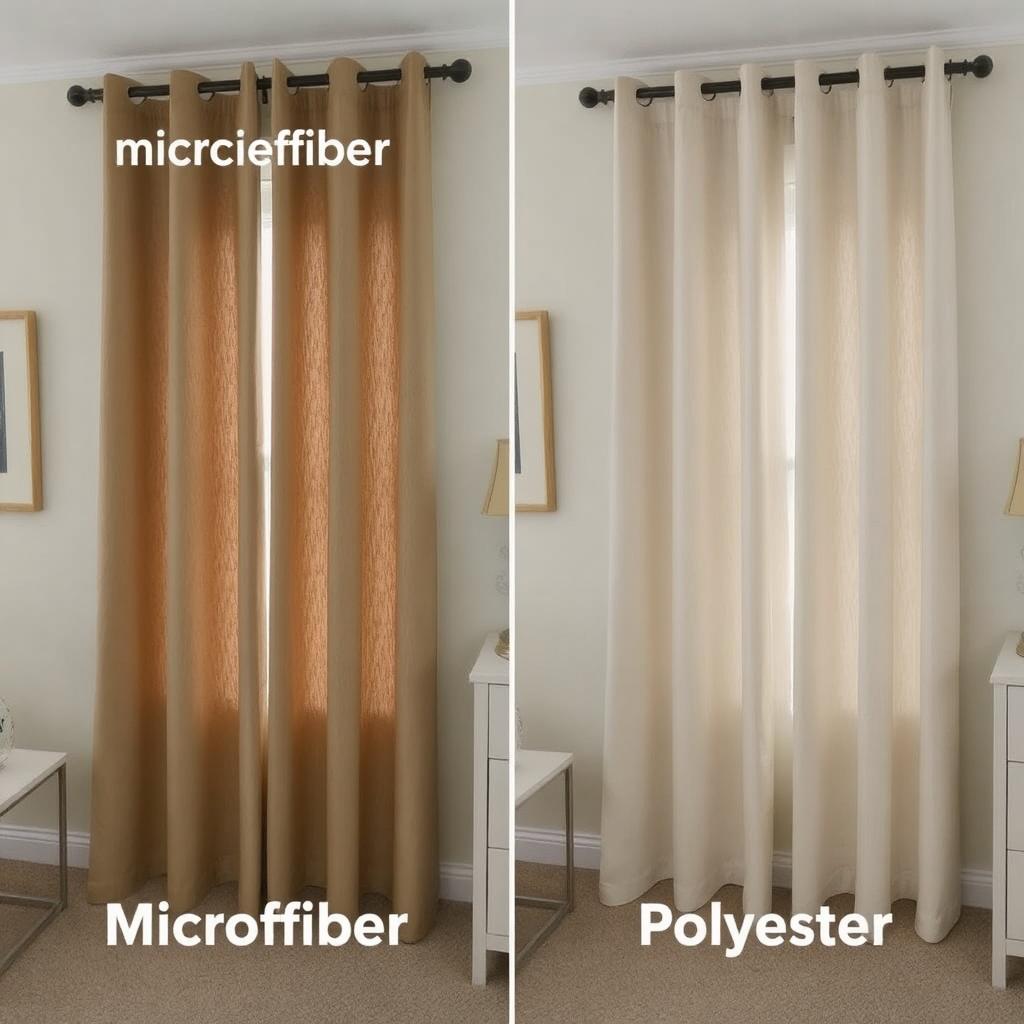 Show a side-by-side comparison of microfiber and polyester curtains in a well-lit room, showcasing their appearance over time.