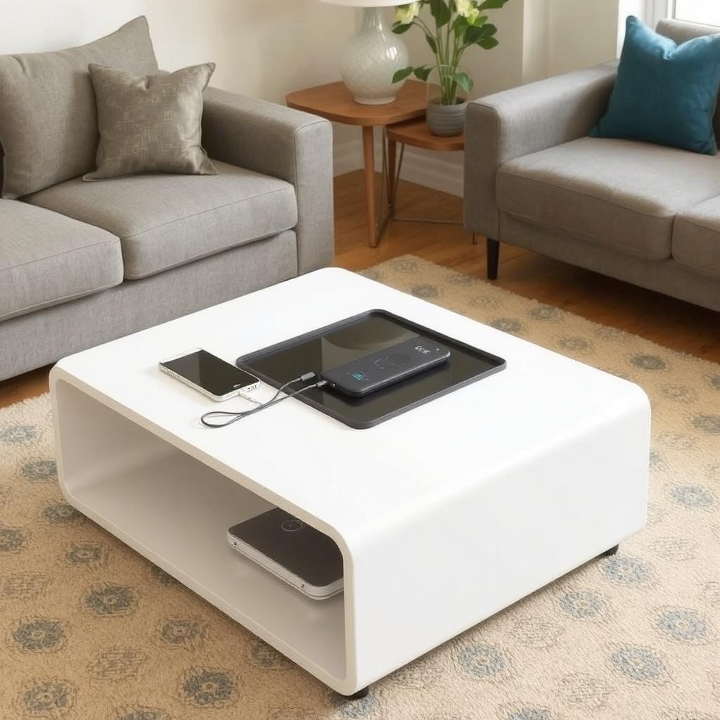 Smart coffee table with a built-in charging station.