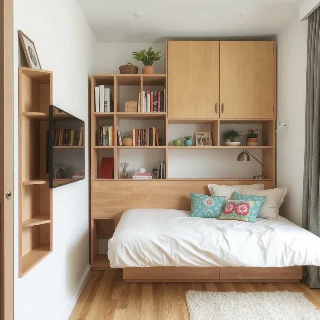 Studio apartment with a pull-out bed, modular shelving, and colorful decor.