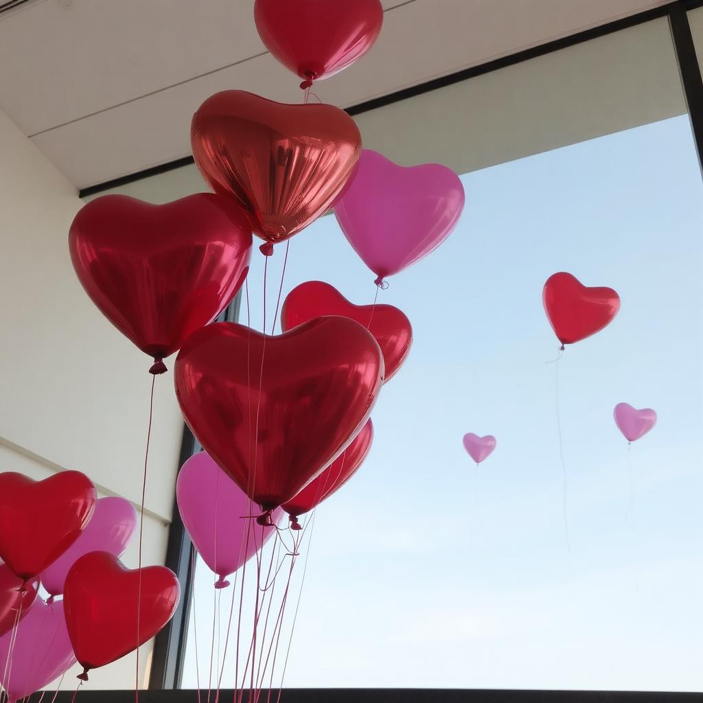 “Valentine’s Day balloons in red and pink creating a festive atmosphere.”