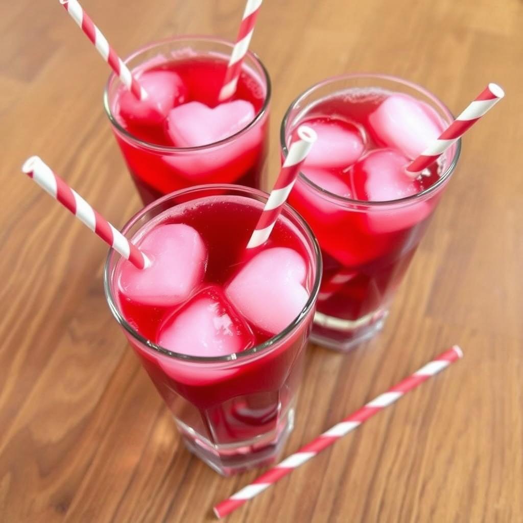 “Valentine’s Day drinks with heart-shaped ice cubes and striped straws.”