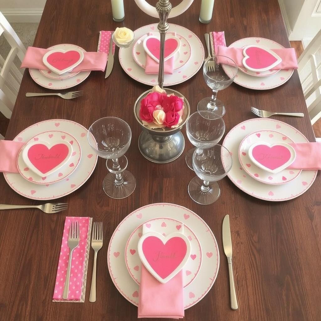 “Valentine’s Day table setting with heart-patterned plates and napkins.”