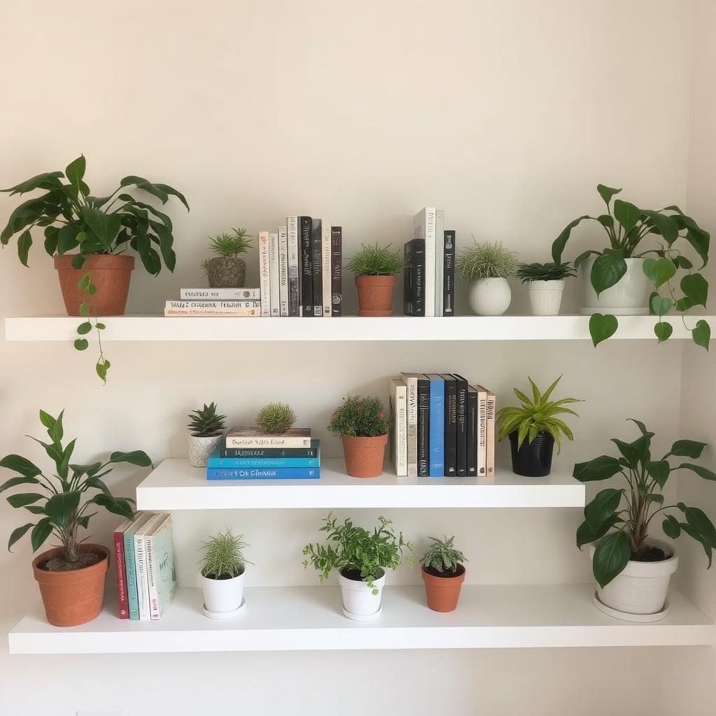 White floating shelves styled with books and potted plants.